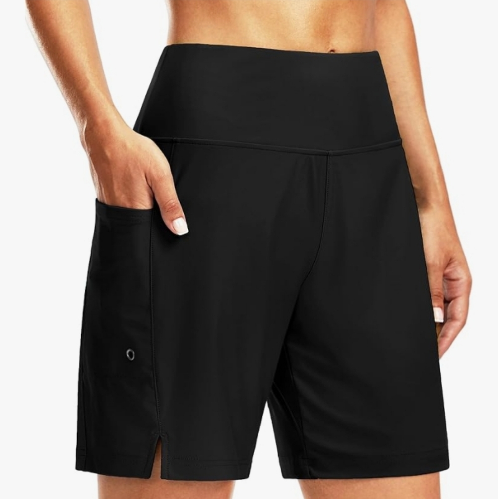 Women's Black High-Waisted Board Shorts 7 Inch Long
